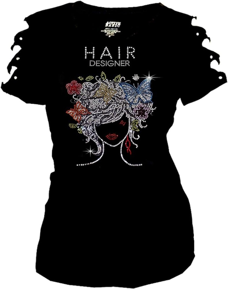 bling t-shirt design Bulan 2 Bling Hair Stylist Rhinestone T-Shirt Ripped Cut Out Designer Short