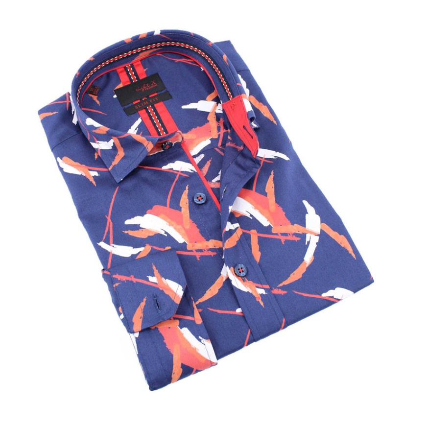 blue and orange designer shirt Bulan 4 Navy Button Down Shirt W/ Orange Brush Print Design